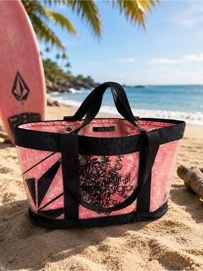 VOLCOM Clear Beach Tote Bag Pink Graffiti Print PVC Shopper Travel Pool Carryall